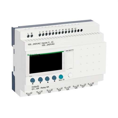 Kompaktné programovateľné relé Zelio Logic 20 e s 100..240 V AC hodiny displej s referenciou SR2B201FU od značky SCHNEIDER ELECTRIC