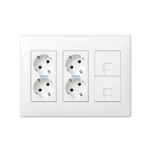 Súprava povrchovej alebo zapustenej nástennej skrinky pre 3 dvojité prvky s 2 dvojitými zásuvkami a 2 doskami 1 RJ45 biela Simon 500 Cima s referenciou 51000301-030 od značky SIMON